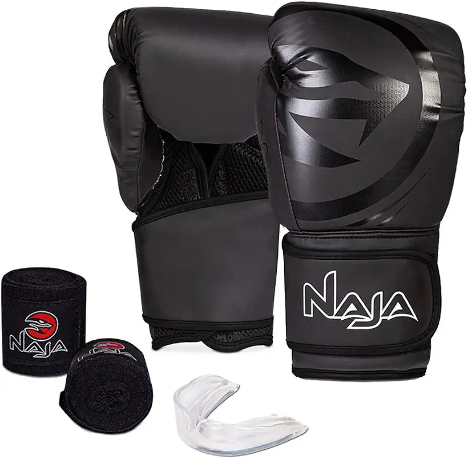 Luva de Boxe e Muay Thai Naja Black Line - 1 Par de luva + 1 Par de Bandagem Elástica + 1 Protetor Bucal