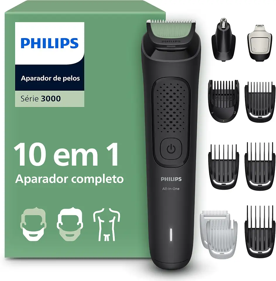 Aparador de Pelos Philips All-in-One 10 em 1 Série 3000 | Máquina para Rosto, Cabelo e Corpo | Barbeador Elétrico Multigroom | MG3941/15