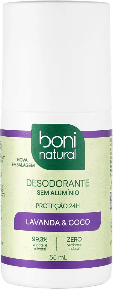 Desodorante Roll-On sem Alumínio, Natural, Vegetal e Vegano, Coco e Magnésio, com Perfume Suave de Lavanda, Boni Natural, 55ml