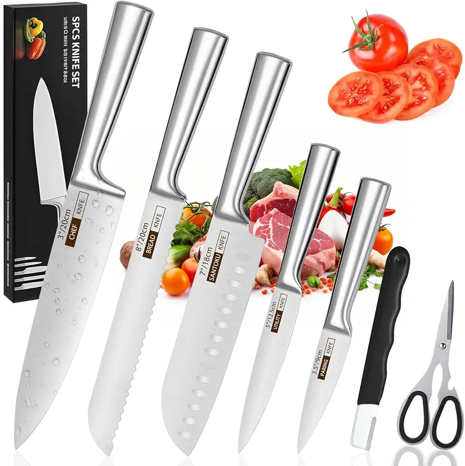 Conjunto de 7 Facas Profissionais em Aço Inoxidável 3CR13, Durável Antiferrugem e Anticorrosão, Garantia de 10 Anos,Ultra Afiadas e Precisão Suíça, V-Sharp 15° Lâminas Inteiriças Conjunto de Cozinha