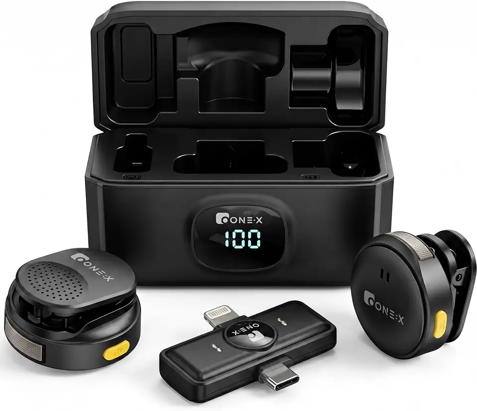 Kit 2 Microfones de Lapela Profissional, Transmissão Sem Fio, Case de Carregamento, Bluetooth, Cancelamento de Ruído,12h Tempo de Trabalho, Compatível com Camera, iPhone, Android, USB-C e Lightning