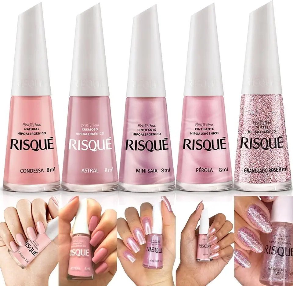 Kit 5 Esmaltes Risque Nude Rosa Esmaltes Hipoalergênico