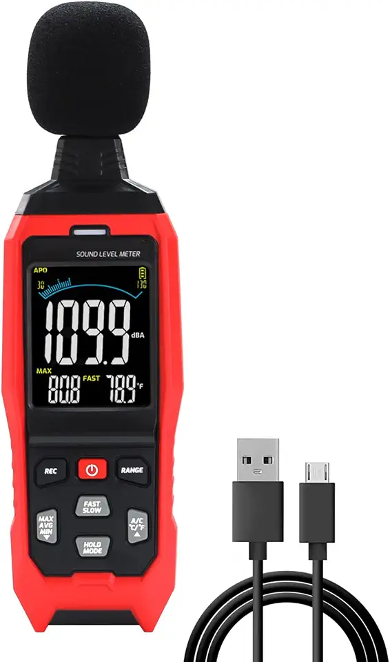 Medidor de decibéis com registro de dados de decibéis de som, registrador de dados, medidor de nível de som de 30 ~ 130 dB com alarme visual audível, medidor de som com dados de exportação, conexão de
