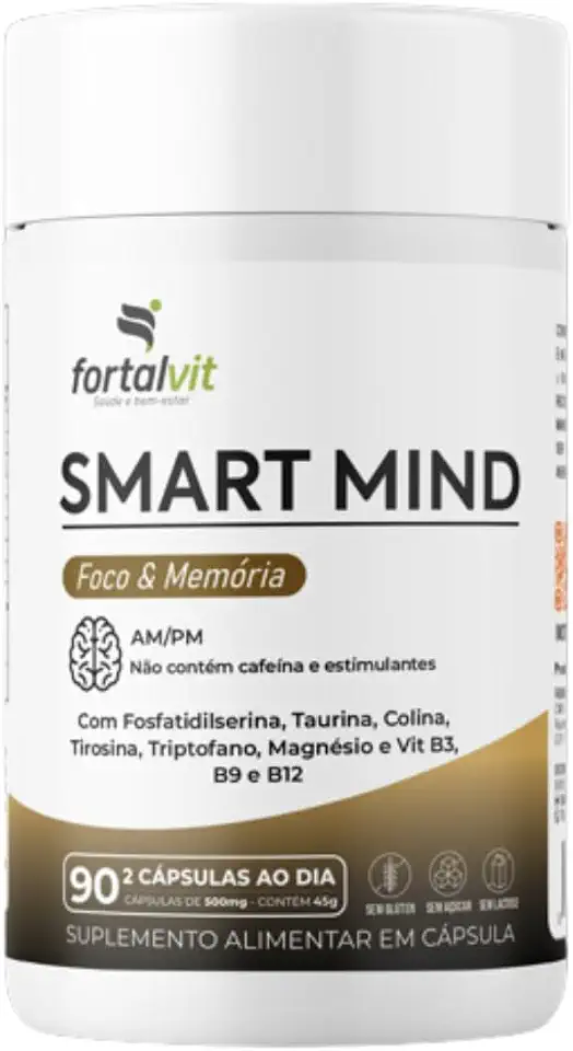 SMART MIND - Nootrópico 90 Cápsulas, Fosfatidilserina, Taurina, Colina, Tirosina, Triptofano, Magnésio e Vit B3, B9 e B12, Função Cognitiva, Fortalvit
