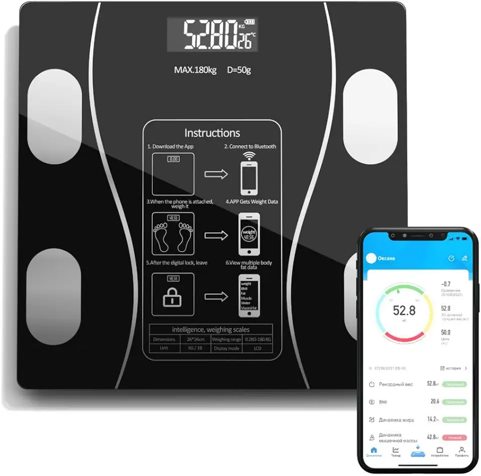 Balança Corporal Digital com Bioimpedância e Bluetooth, Pilhas AAA, Vidro Temperado, Visor Inteligente, Análise de Composição Corporal, Controle de Peso e Saúde com Aplicativo, Design Premium