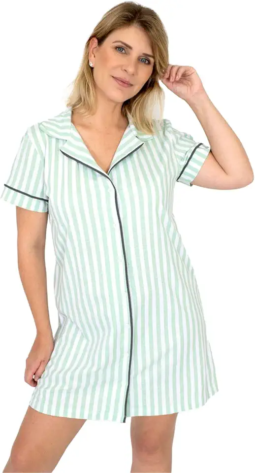 Camisola Algodão Feminina Americana Manga Curta com Botões Adulto indicado Gestante Amamentação e Pós cirúrgico – Listrado Verde