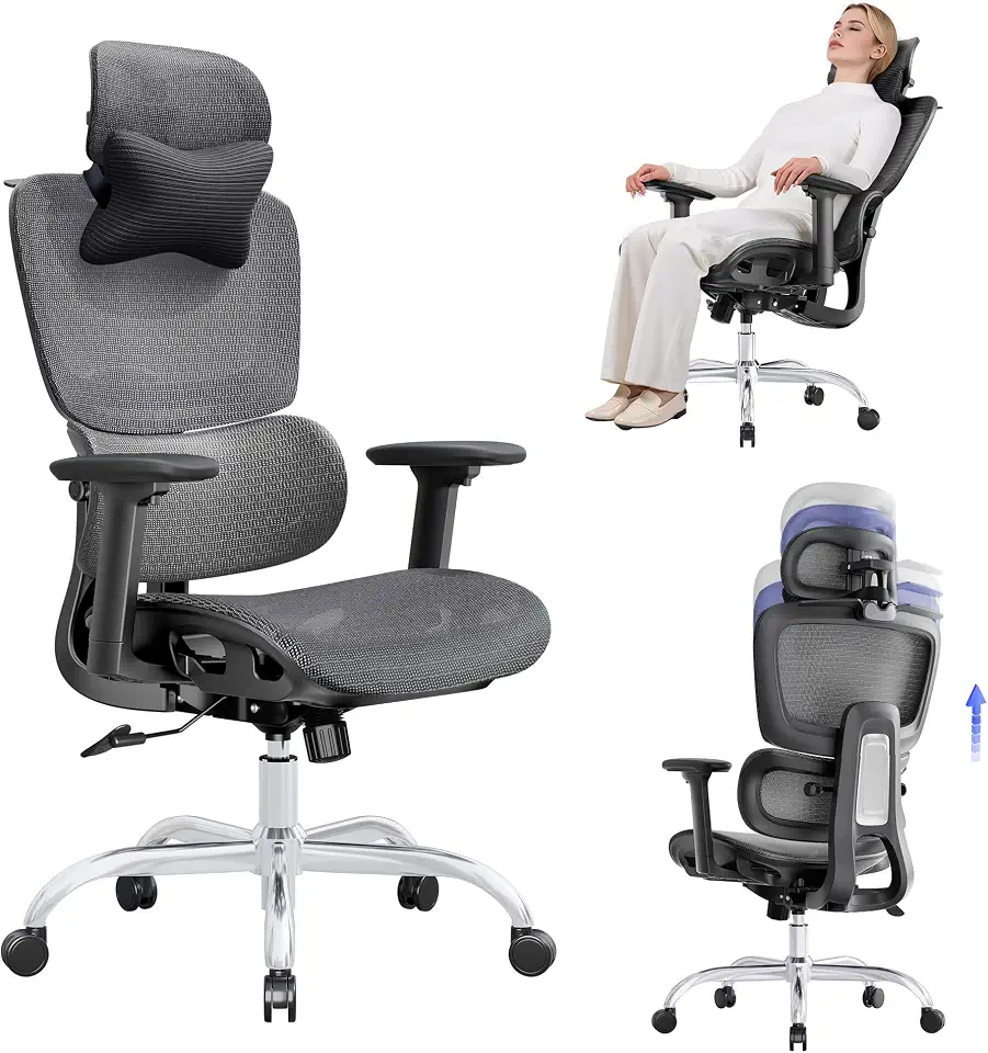 LarkLeaves Cadeira Ergonômica de Escritório em Tela Mesh para Home Office e Estudo, Suporte Lombar 2D, Encosto Ajustável 5 Níveis, Braços 3D, Inclinação 145 Graus com Cabide, Preto