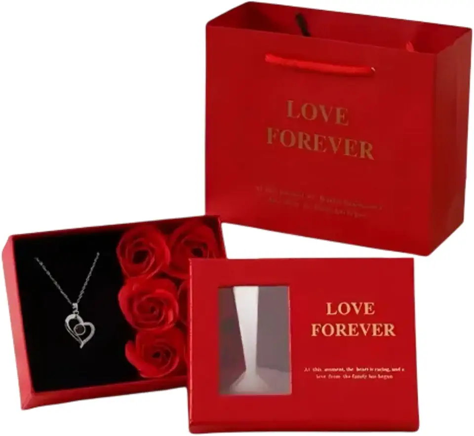 Caixa Com Rosa Colar Coração Eu Te Amo 100 Idiomas Feminino Kit Presente Noiva Amiga Dias das Mães Dias dos Namorados Flor Eterna Mãe Esposa Namorada