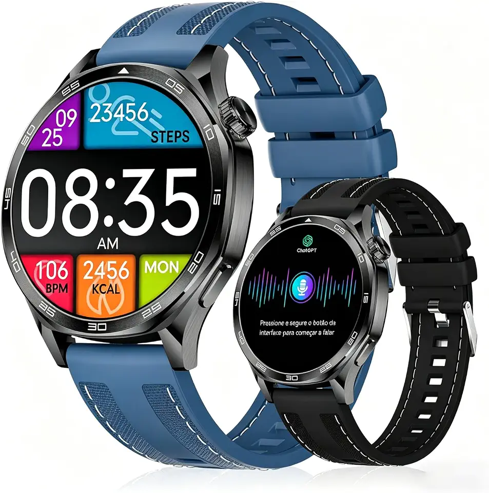 Smartwatch Relógio Inteligente com IA ChatGPT, 1.43’’ AMOLED, iOS Android, 3ATM À Prova d’Água, Monitor de Frequência Cardíaca e Sono, 100 Esportes, Inclui 2 Pulseiras (Grafite + azul)