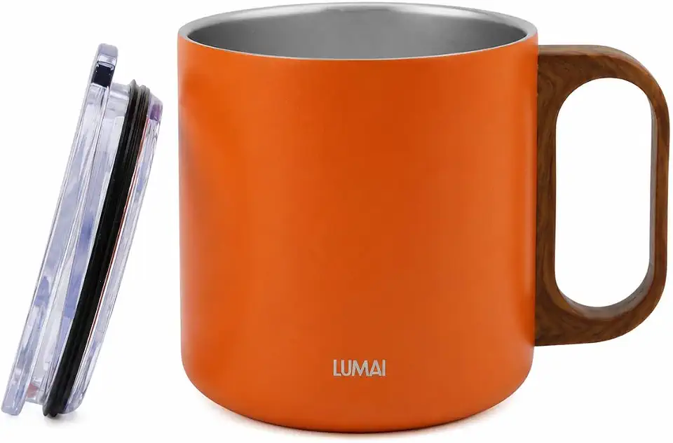 LUMAI Caneca Térmica 350ml Inox com Tampa Antivazamento Premium - Laranja | Caneca de Café Caraíva, Aço Inox 304, Parede Dupla com Isolamento Térmico, Alça Estilo Madeira, Bebidas Quentes ou Frias