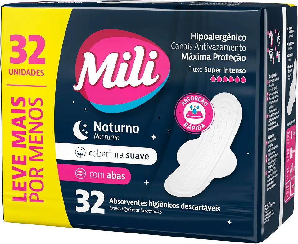 Mili Absorvente Externo com Abas Cobertura Suave, Noturno, Fluxo Super Intenso, 32 Unidades