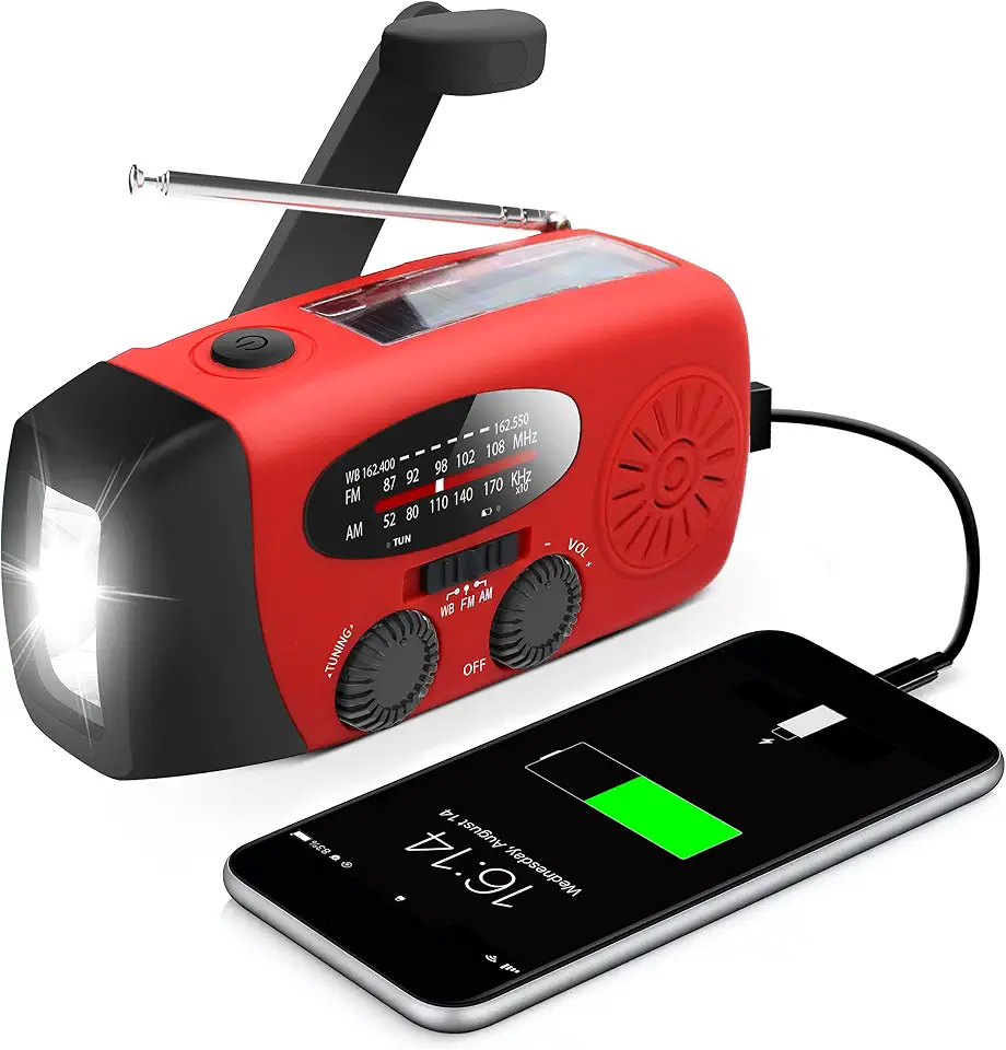 Rádio manivela manual de emergência com lanterna LED para emergência, Rádio meteorológico portátil AM/FM NOAA com carregador de telefone banco de energia de 2000 mA