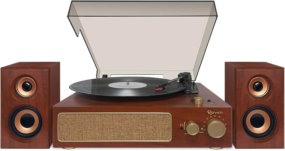 Raveo Vitrola Studio Plus com Toca-discos, Rádio FM, USB, Saída de fone de ouvido, Bluetooth e Caixas acústicas., Cor: MARROM