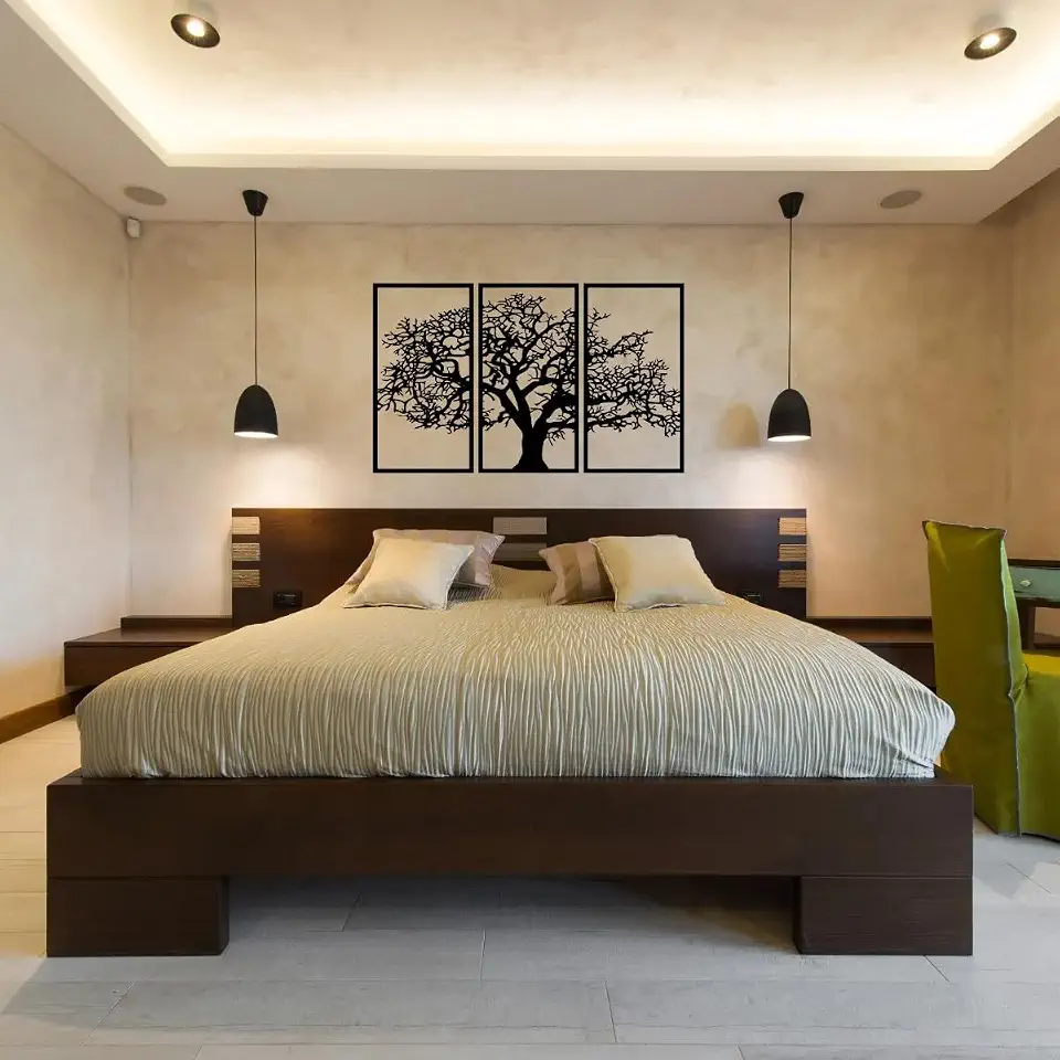 Quadro Decorativo Árvore da Vida, Preto, MDF, 3 Painéis, 60x40 cm, Estilo Moderno, Arte de Parede para Sala de Estar