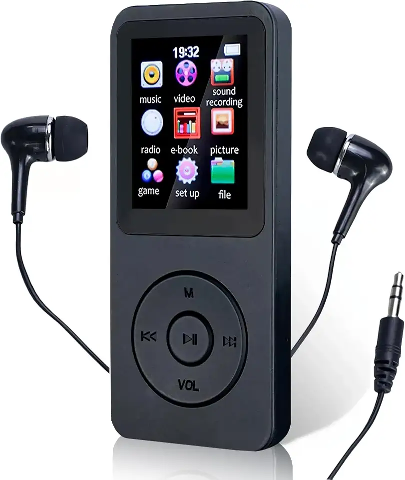 MP3 Player Portátil Reprodutor de Música, Ultrafino MP3 Player Bluetooth Gravador de Voz Reprodução de Vídeo, Suporte Cartao de Memoria de Até 128 GB (Preto)