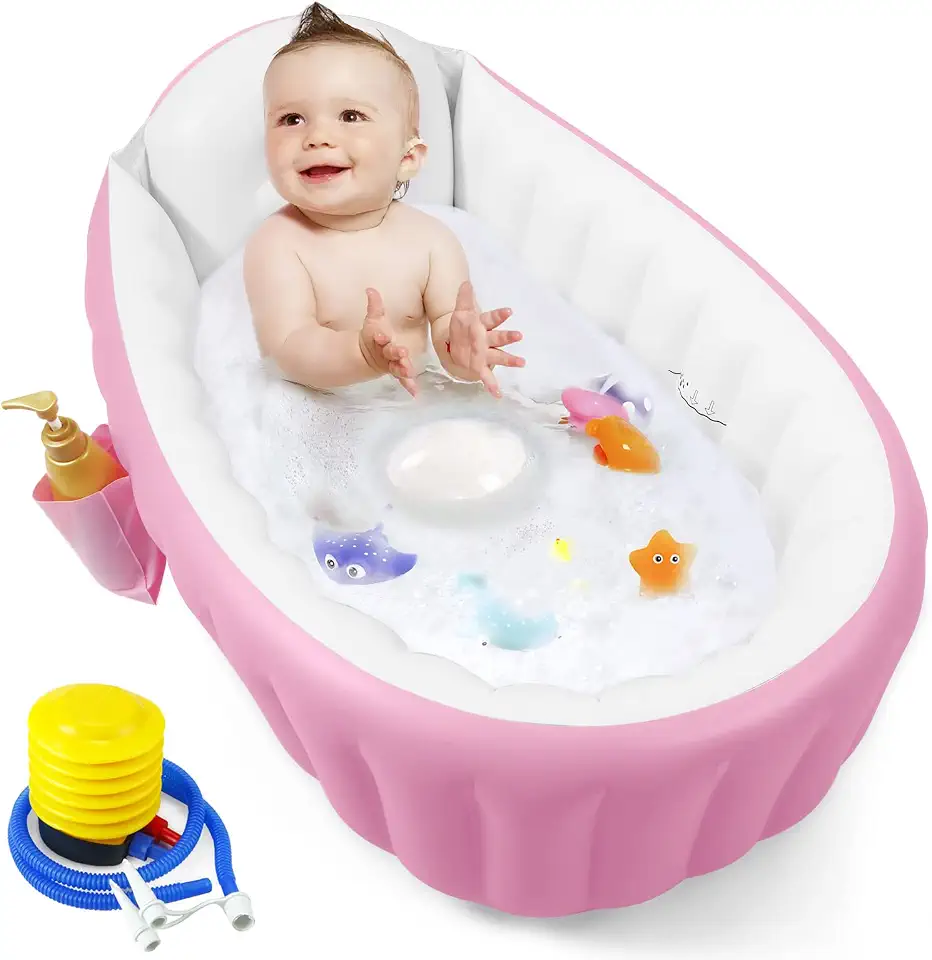 PandaEar Banheira Inflável Para Bebês, Portátil Viagem, Bebês Com Bomba De Ar, Minipiscina Dobrável Antiderrapante Recém-Nascidos (Rosa)