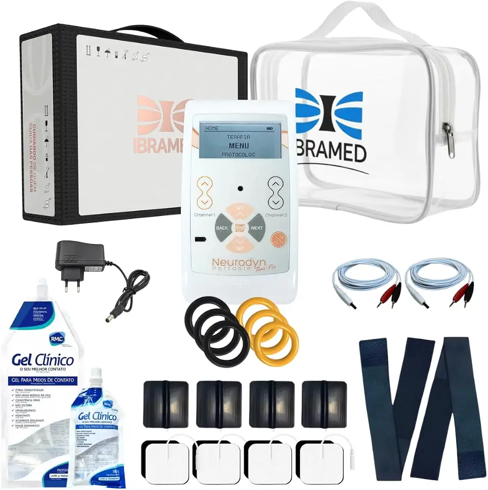 Neurodyn Portátil Ibramed TENS/FES – Aparelho de Eletroestimulação Muscular e Analgésica | 2 Canais Bivolt Recarregável + Kit com Gel, Eletrodos, Faixa e Bolsa
