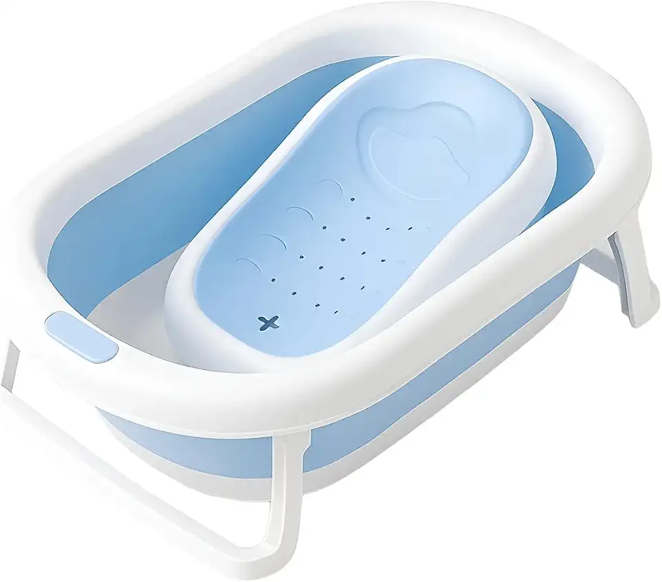PIPDIP Kit Banheira Portátil Dobrável para bebê, Modelo 2 em 1, Com Encosto, Capacidade de até 44 Litros, Portátil, Plástico e Borracha, Branco e Azul.