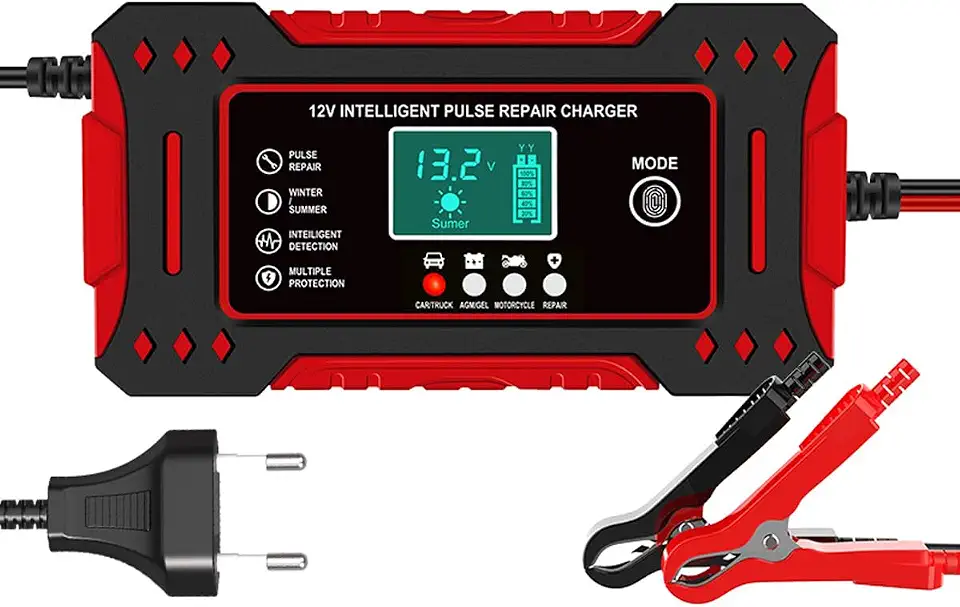 Carregador de Bateria Inteligente 12V 6A, Display Digital, Bivolt, para Carro, Moto e Caminhão, com Proteção Contra Superaquecimento