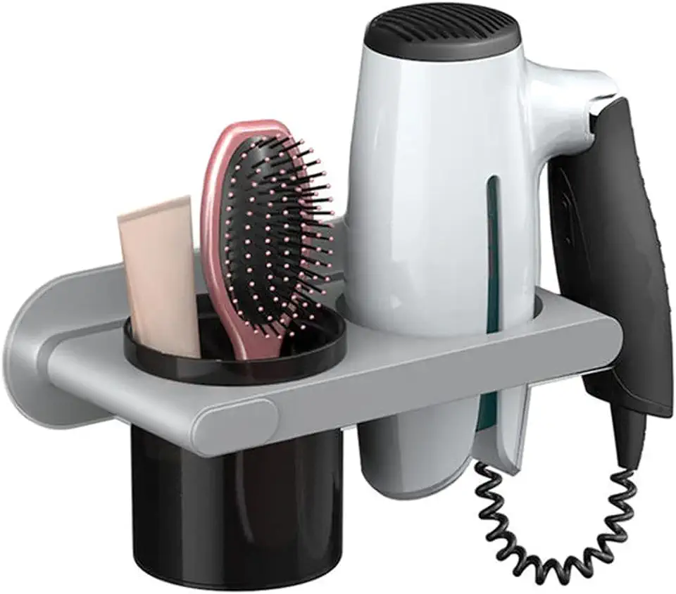 Suporte para Secador de Cabelo e Escova sem furo na parede (Cinza)