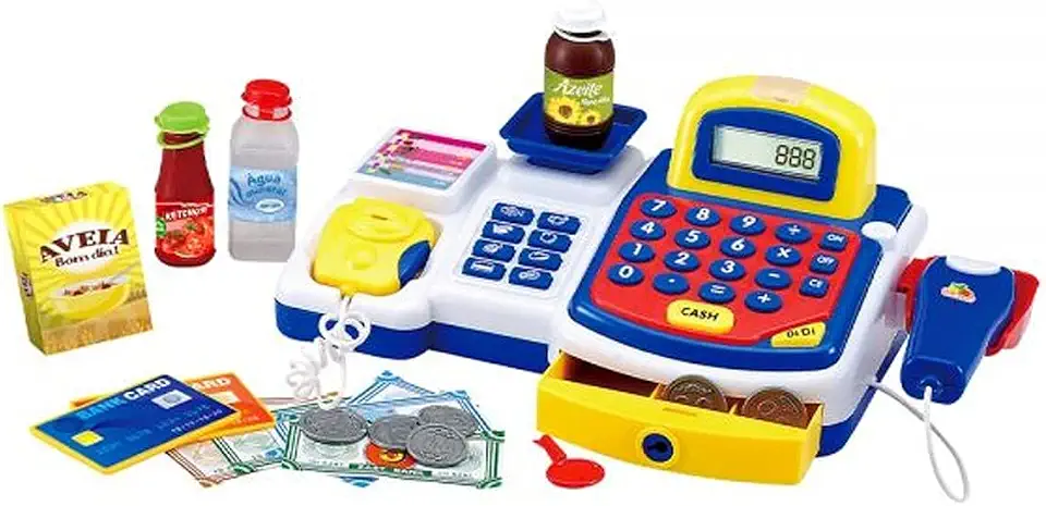 Caixa Registradora Infantil Musical Completa Com Mini Mercado, Leitor, Dinheiro E Cartão Azul Meninos, Gimp