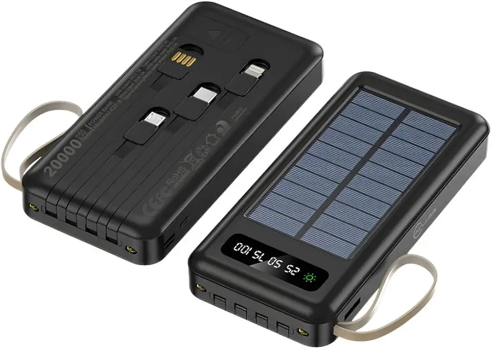 Power Bank Solar, 20.000mAh, USB Type-C, para Smartphone, Preto, Carregamento Rápido, Iluminação LED, Bateria Portátil
