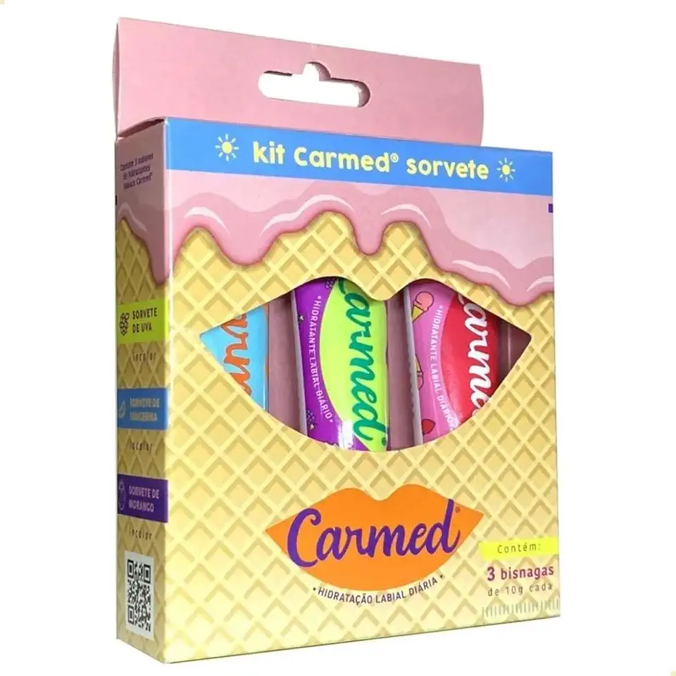 Carmed Sorvete Kit 3 Sabores Verao 10g Cada Cimed Hidratante Protetor FPS15 Labial
