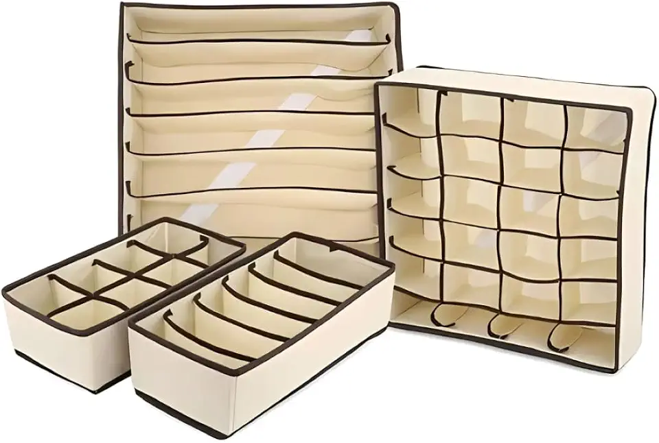 Kit 4 Organizadores de Gaveta e Guarda-Roupa em TNT com 24, 8, 7 e 6 divisões, Caixas Dobráveis com Divisórias para Roupas Íntimas, Meias e Sutiãs (Bege)