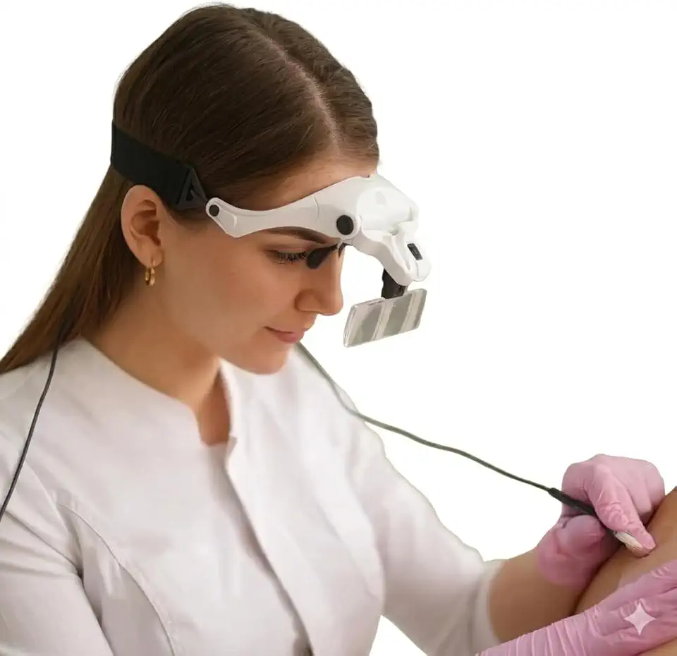 Lupa De Cabeça Profissional Com LED Ajustável e 5 Lentes Intercambiáveis (1.0x a 3.5x), Armação Tipo Óculos com Faixa Elástica, Ideal para Estética e Leitura Precisa