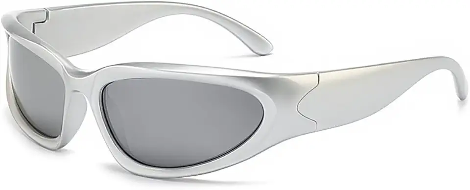 Óculos De Sol Esportivo Y2K Espelhado Unissex UV400 Ciclismo Corrida Moto Praia Casual Armação Prata Lente Preta Proteção Solar Design Futurista Leve Confortável Moda Masculino Feminino Verão