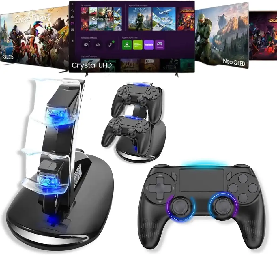 Kit 2 Controles + Carregador Sem Fio Bluetooth Joystick Manete Compatível Com PS4 Slim Pro PC Gamer Dualshock Playstation Preto