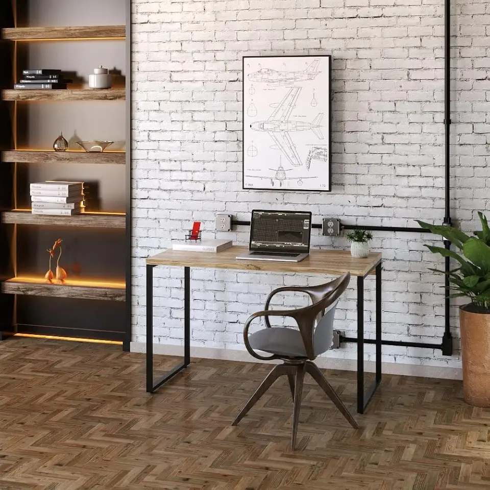 Mesa para Escritório Office Estilo Industrial 1,20m, Compace, Kuadra, Carvalho/Est. Preta