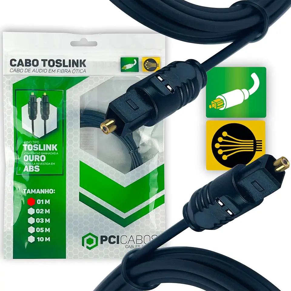 Cabo Optico De Áudio Toslink 1 Metros Digital Banhado Ouro