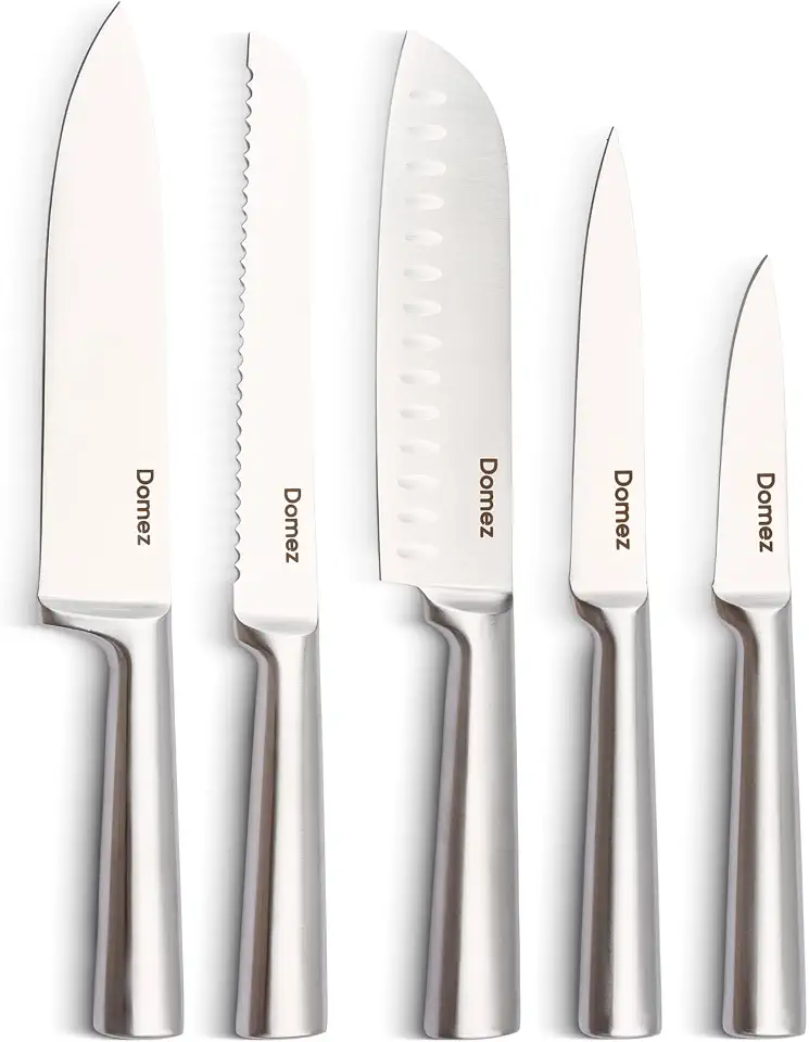 DOMEZ Jogo de 5 Facas Inox 4Cr13 | Conjunto de Facas de Cozinha Profissional | Faca Chef, Faca de Pão e Faca Churrasco | Design Ergonômico e Resistente à Ferrugem