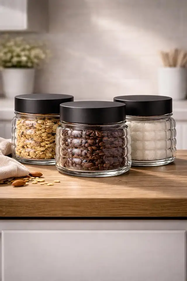 Pote de Vidro 750ml com Tampa Kit 3 Unidades, Textura Bubble, Hermético, Porta Mantimentos, Cozinha, Organização, Alimentos, Café, Açúcar, Biscoitos, Grãos, Transparente
