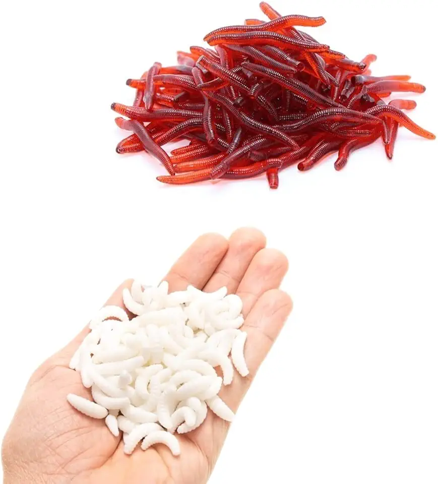 Kit 200 Iscas Artificiais em Silicone Soft para Pesca de Tilápia Lambari Piau (100 Un Larvas Cor BRANCA + 100 Un Minhoca)