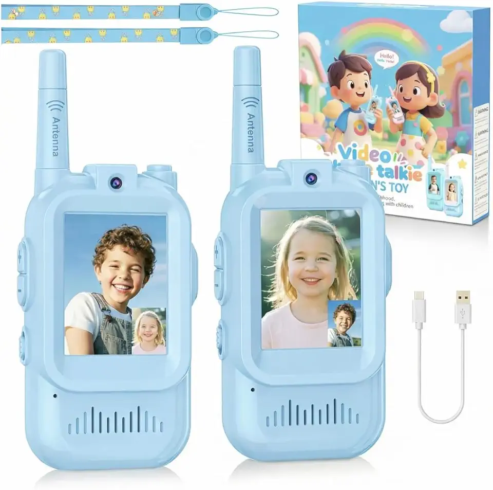 Walkie Talkie Infantil com Vídeo e Tela LCD, Par Recarregável, Alcance 500m, Modificador de Voz, Cordão Anti-Perda, Brinquedo Interativo para Crianças e Aventuras ao Ar Livre (Par Azul)