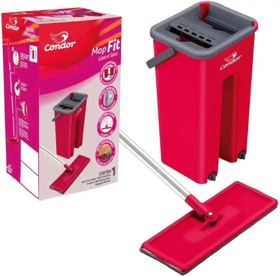Condor Mop Lava e Seca Fit Pisos Janelas Perfect Esfregão com Balde Flat 1653 Vermelho