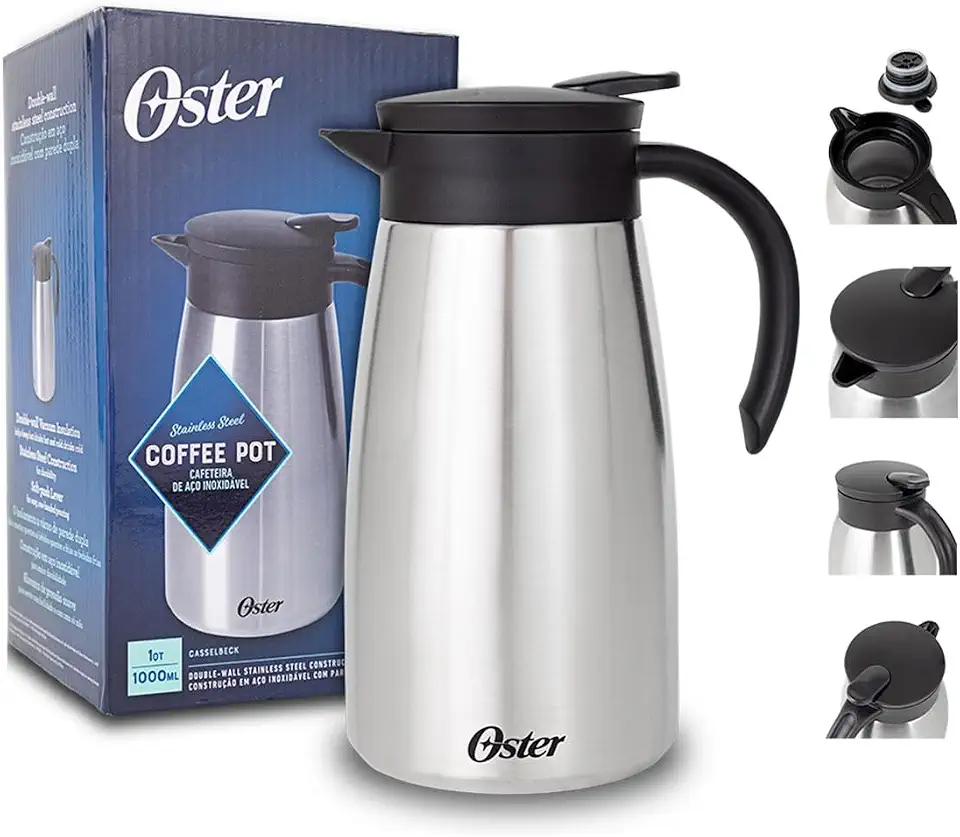 OSTER GARRAFA TÉRMICA EM AÇO INOX 1000ML CASSELBECK– CORPO E CÁPSULA EM AÇO INOXIDÁVEL E TAMPA COM ALÇA EM BAQUELITE