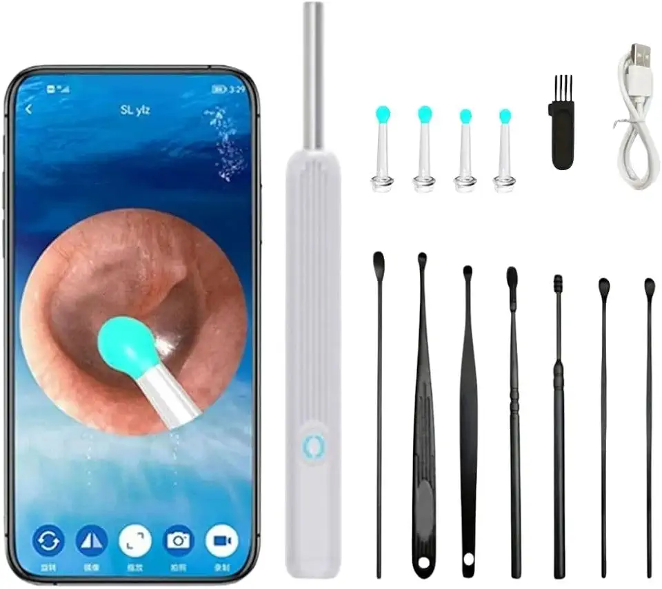 Aparelho de Visualização Auricular com Câmera HD 1080p, 6 LEDs e WiFi – Kit para Limpeza de Ouvido com Ponteiras de Silicone – Compatível com Android e iOS – Bateria Recarregável (Branco)