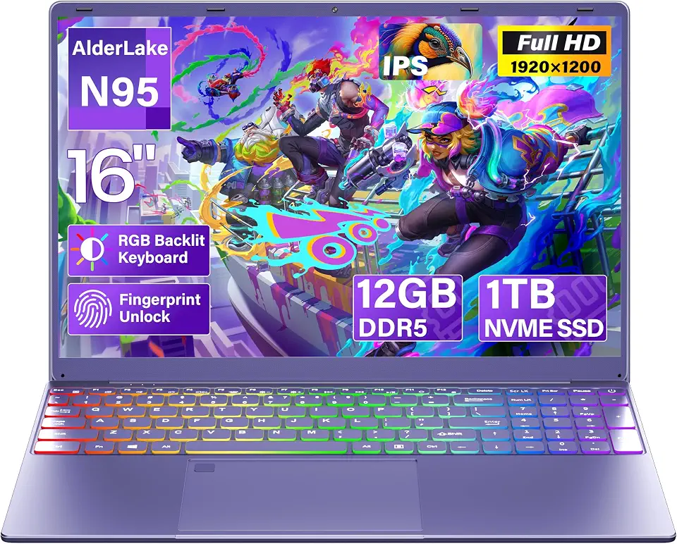 Notebook Roxo de 16" - Processador N95, Ssd Nvme de 1Tb, 12Gb de Ram Lpddr5, Tela Ips Fhd de 1920X1200, Teclado Retroiluminado Rgb, Leitor de Impressões Digitais, Windows 11 Pro, Design