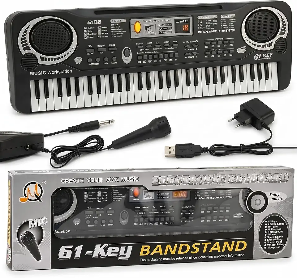 Teclado Piano Musical 61 Teclas Infantil Com Microfone LCD Gravador Educativo Iniciante 1 Alto Falante Kizumba