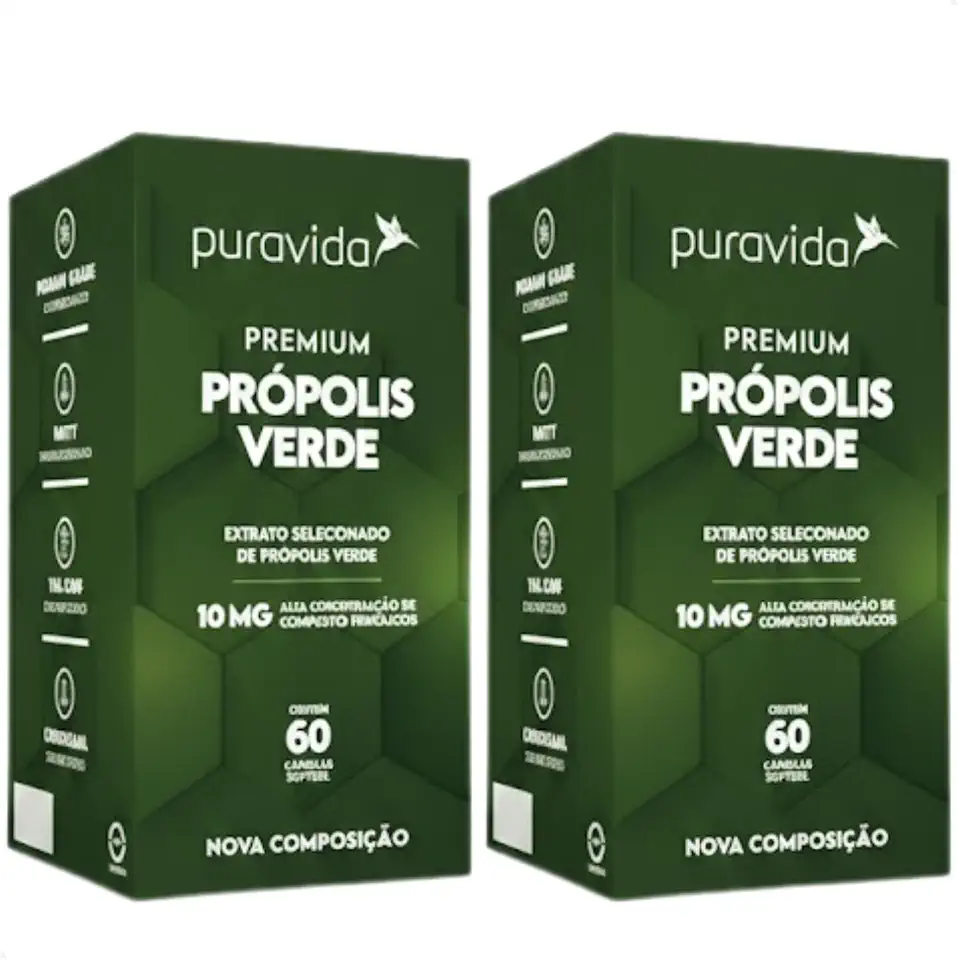 Puravida Kit 2 Unidades Própolis Verde Premium 60 Cápsulas Softgel por Pote 10mg Compostos Fenólicos Extrato Concentrado Alecrim do Campo 4x Mais Polifenóis Suplemento Natural