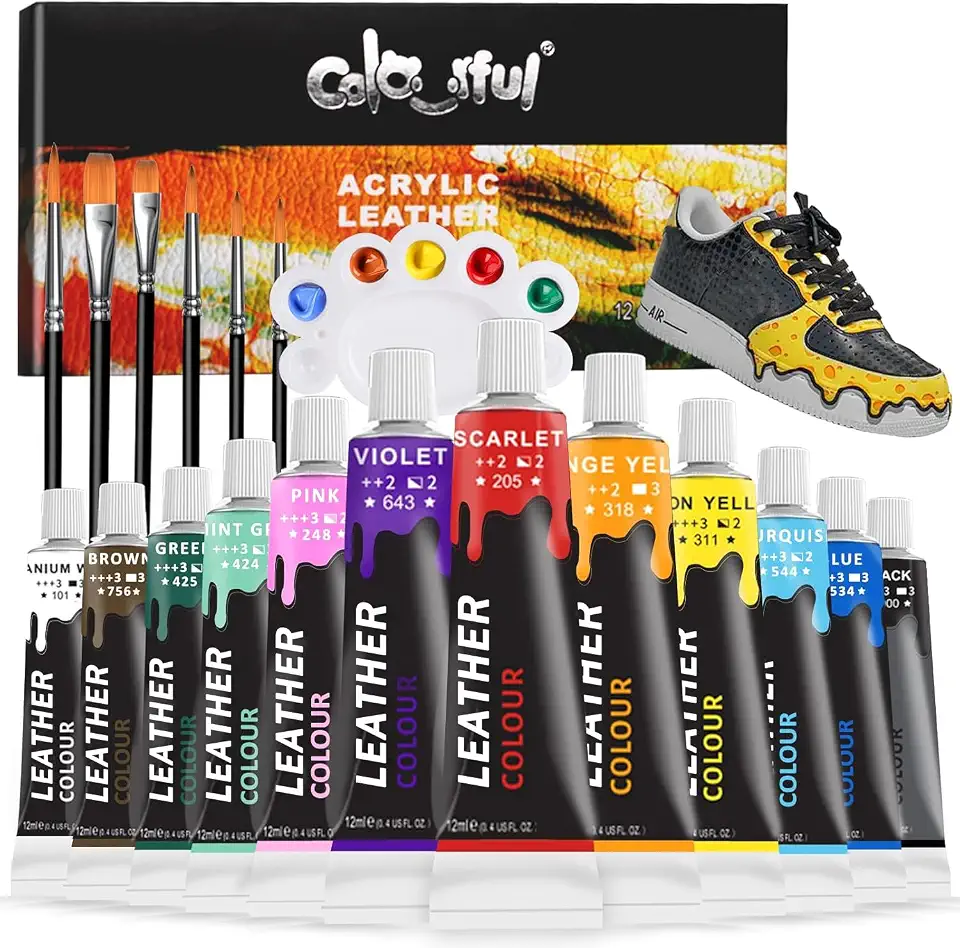 Colorful Tinta acrílica de couro para pintura de sapatos - 12 cores de tinta de couro para decoração de bolsas e carteiras, cuidados com jaqueta de couro, artesanato, faça você mesmo e personalizando