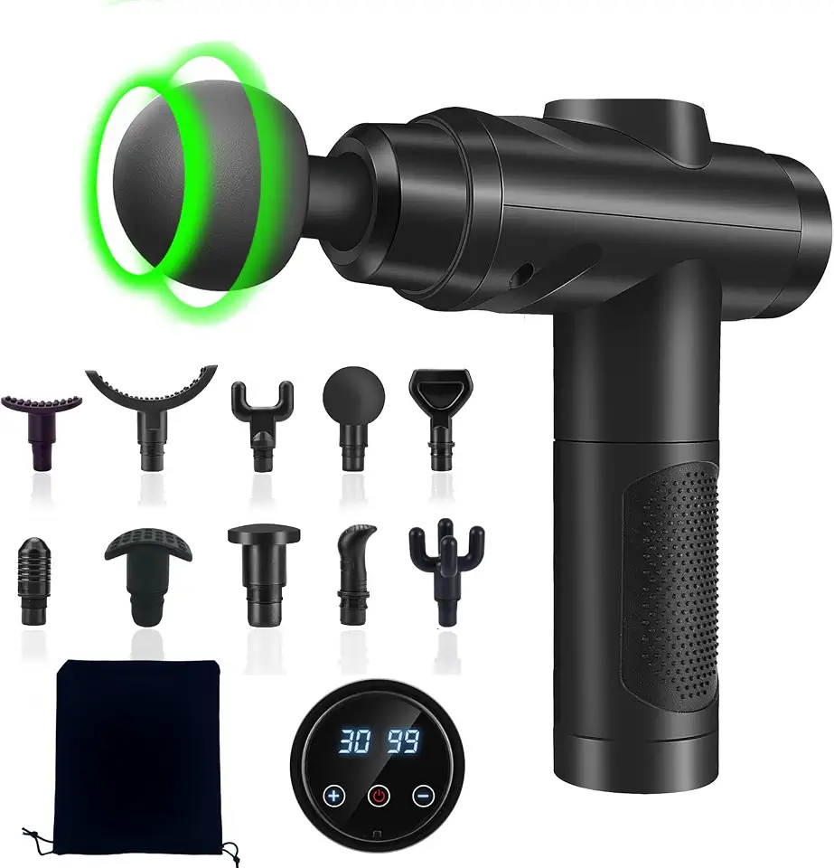 YARUIKE Pistola de Massagem Muscular Profunda, 30 Velocidades, 10 Cabeças, Tela LCD, Silenciosa, Bateria Recarregável, Preta