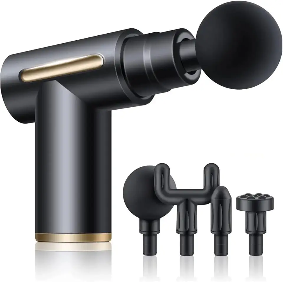 Mini Pistola Massageadora Miofascial Elétrica Portátil Profissional Mini Massageador Eletrico Recarregável Pistola de Massagem Fisioterapia Para Liberação Muscular 4 Ponteiras (Preto)