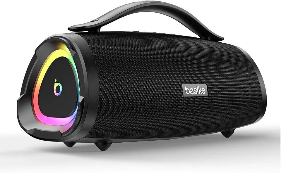 Basike Caixa de Som Bluetooth Portátil 160W RMS (200W Pico), TWS Estéreo, EQ, Microfone Integrado, Luzes RGB, IPX6 Resistente à Água, 12h de Bateria para Home Theater, Festa e Exterior – Preto