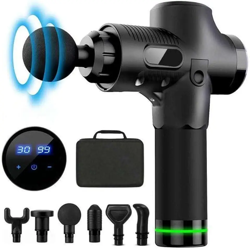 Pistola Massageadora, Profissional, Portátil, Com Maleta, Sem Fio, Recarregável, Tela LCD, 30 Velocidades, 6 Ponteiras, Massagem Relaxamento, Massagem Muscular, Liberação Miofascial, Uso Pessoal, Fisioterapia, Carregamento USB - Tipo C, Bivolt, 3.200 repetições/min, Bateria de Longa Duração, Leve, Silenciosa, Potente, Cor Preta