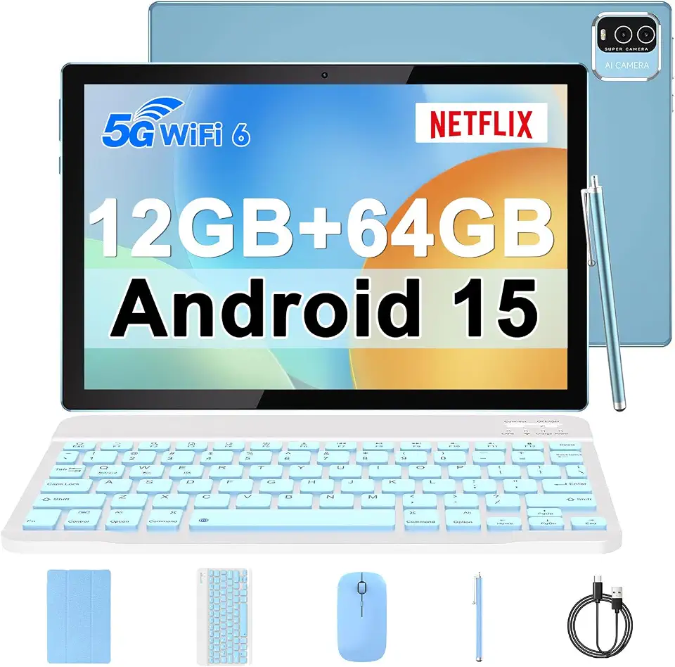 IWEGGO Tablet Android 15, 10 polegadas, 12 GB de RAM + 64 GB de ROM + 1 TB expansível, processador quad-core de 1,8 GHz, tablets 2 em 1 com capa para teclado mouse Stylus, Wi-Fi 5G, câmera dupla de 8