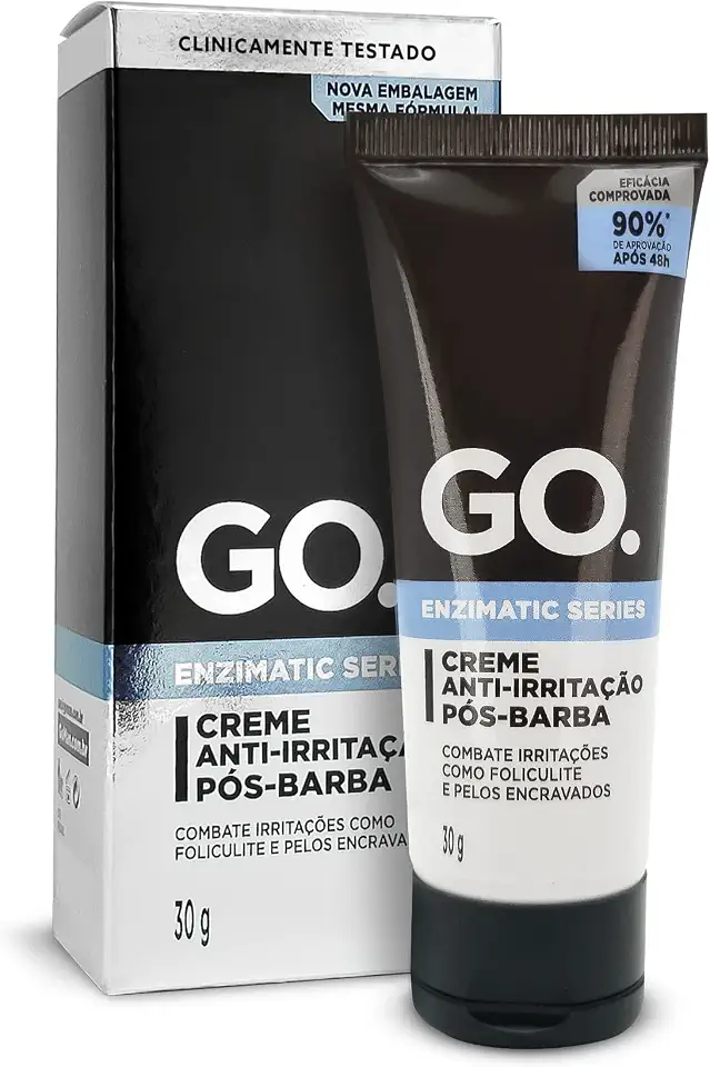 Pós-barba anti-irritação, com enzimas naturais cicatrizantes, peles ultra sensíveis, anti foliculite, pelos encravados, vermelhidão, eficácia comprovada, vegano, Go Man